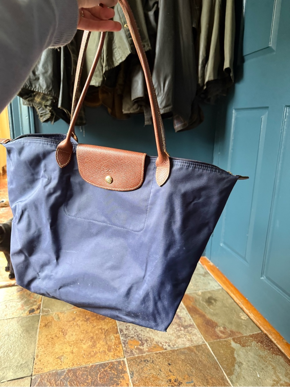 Longchamp Navy Tote with Brown Leather Trim